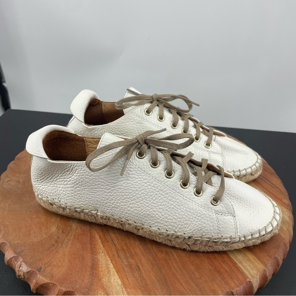 Maypol white Leather Lace Up Espadrille sneakers Shoes Sz. 39 (8) tan laces‎